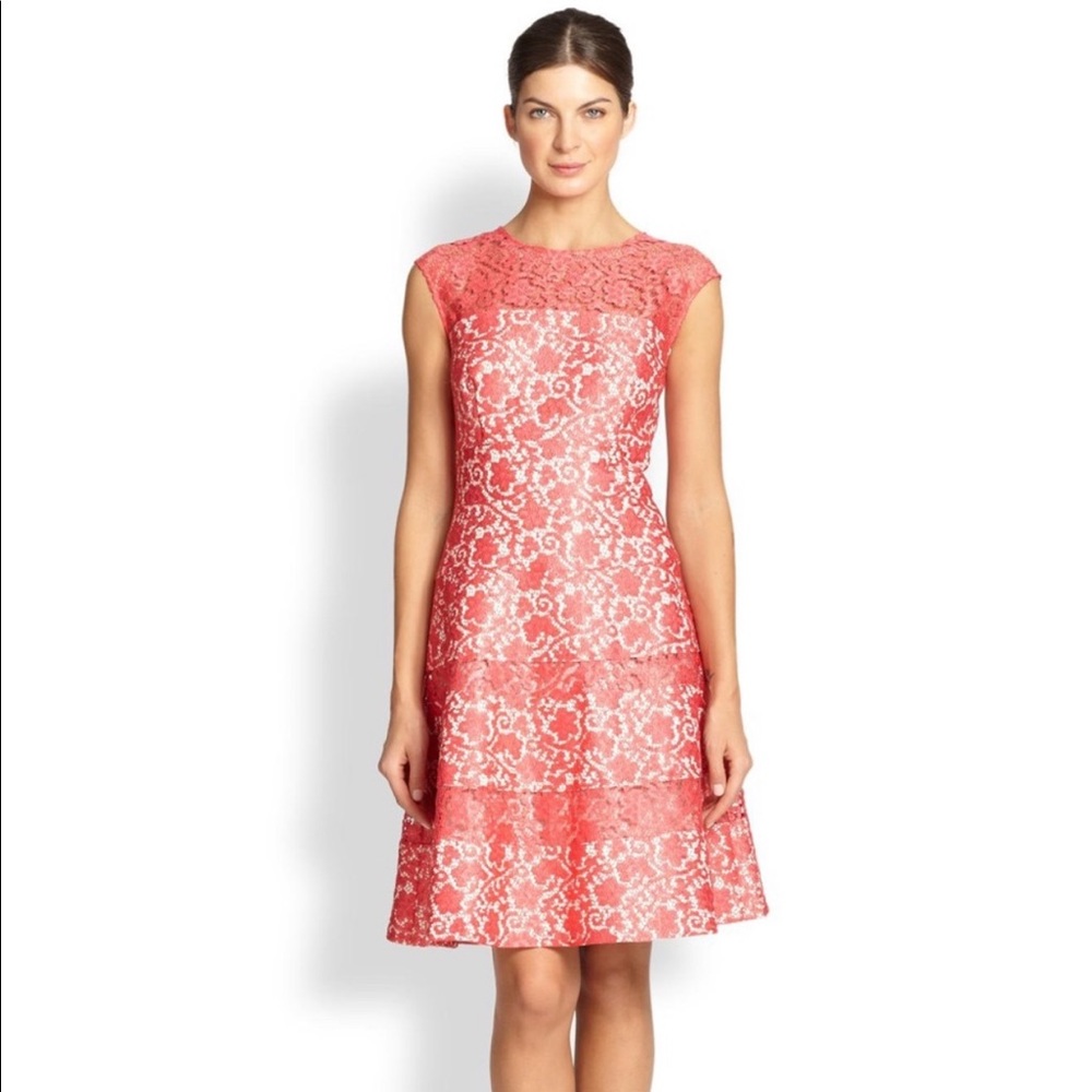 Kay Unger Coral Pink Lace Dress